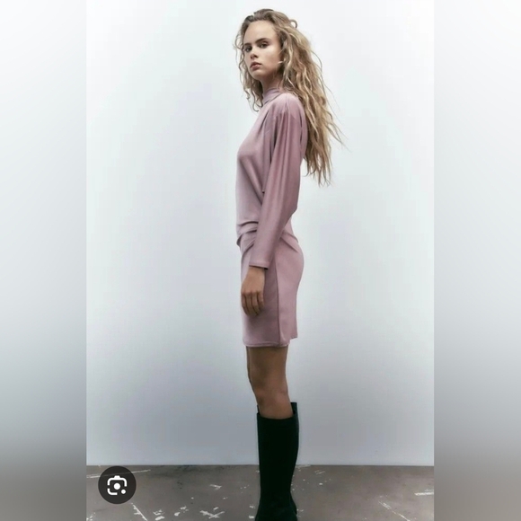Zara Mauve Pink Slinky Ruched Bodycon Dress Mini with Dolman Sleeves Size S - Picture 4 of 13